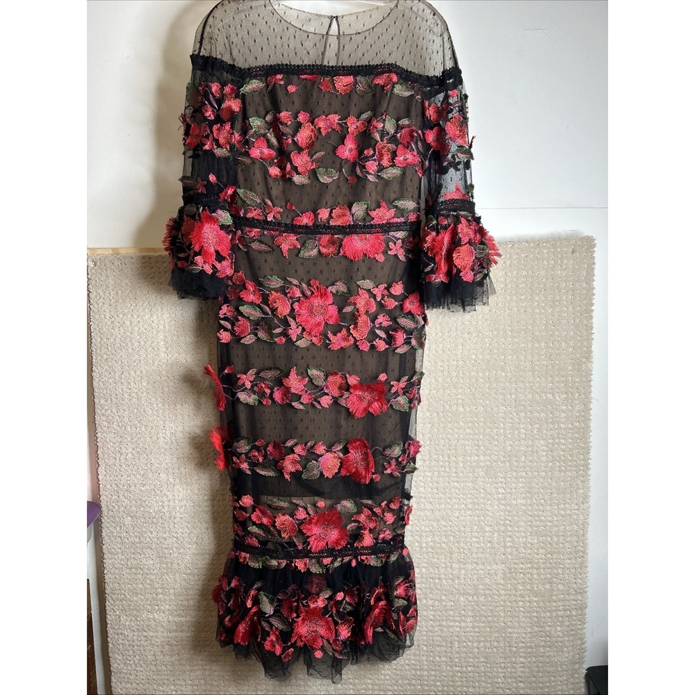 Marchesa Notte Red Embroidered Tea Length Fit Flare Flower Dress Sz 6 NWT